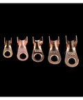 Check Out This Awesome 70 Pack Of Premium Copper Circular Splice Terminals And Wire Connectors Including All Sized OT Open Ring Lugs For Battery Cables With High Amp Assortment Kit That Makes Wiring A Total Breeze. copper OT ring lugs, 10A to 50A, shown on black background