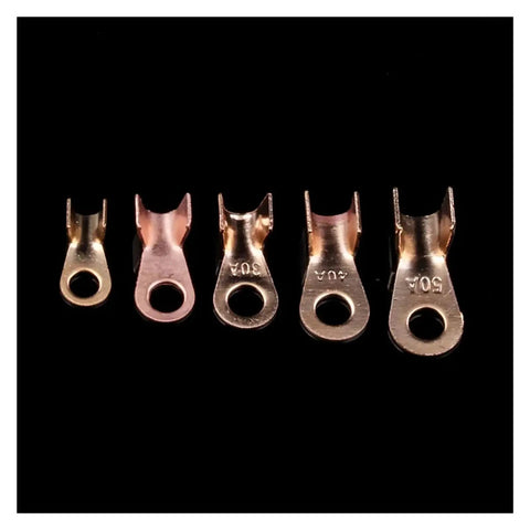 Check Out This Awesome 70 Pack Of Premium Copper Circular Splice Terminals And Wire Connectors Including All Sized OT Open Ring Lugs For Battery Cables With High Amp Assortment Kit That Makes Wiring A Total Breeze. copper OT ring lugs, 10A to 50A, shown on black background