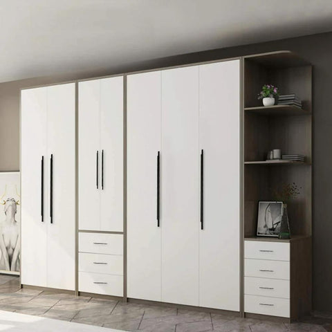 Large white cabinets with 10 pack black aluminum finger pulls for cabinets and kitchen drawers, 7-1/2 inch center mounted handles