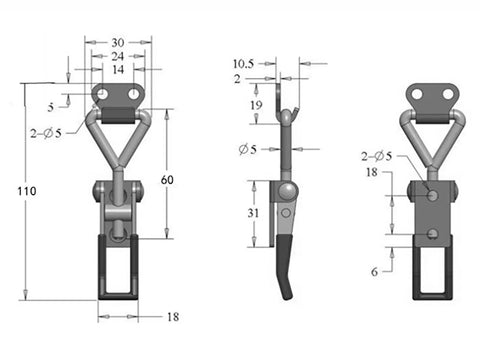 Technical diagram of Heavy Duty Toggle Clamp With 360 Lbs Holding Power, Beefy Black Metal Pull Latch showing dimensions and details.