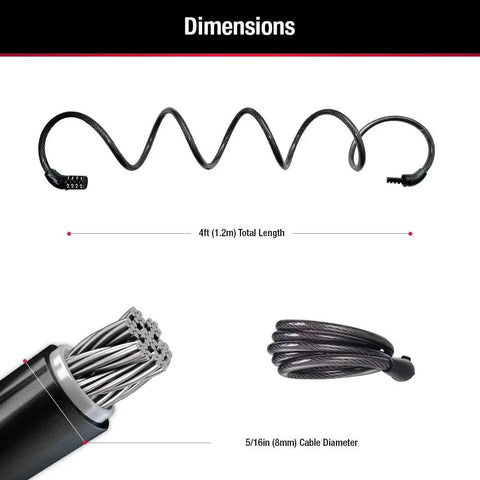 4 Foot Braided Steel Bike Cable Lock With Four Digit Combination Vinyl Coated Bicycle Lock dimensions and cable details