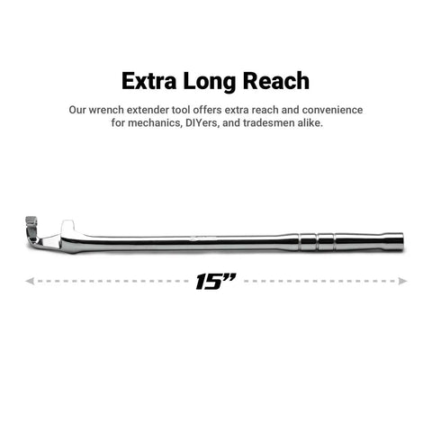 15 Inch Wrench Extender With Extra Reach And Torque Boost, Chrome finish ergonomic grip for mechanics DIYers and pros.