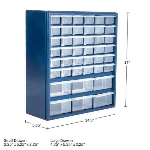 Durable 42 Compartment Plastic Storage Drawer Organizer for Desktop or Wall Mount with clear see through drawers.