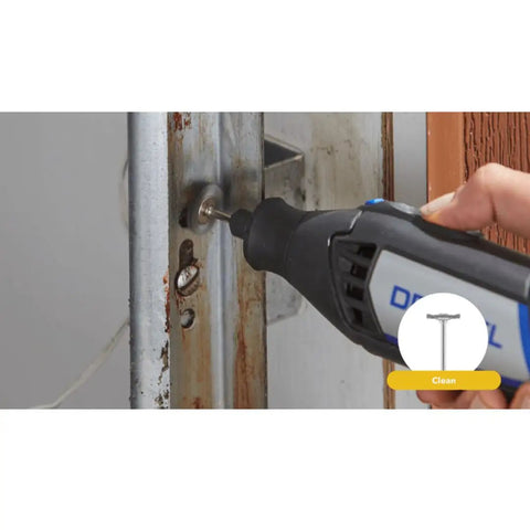 Using Heavy Duty Rotary Tool Kit With Complete Accessory Bundle, Flex Shaft Attachment, Circle Cutter, And Premium Storage Case for precise metal cleaning.