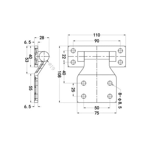 Heavy Duty 304 Stainless Steel Large Strap Hinges 2 Pack dimensions diagram, showing detailed measurements for outdoor and industrial applications.