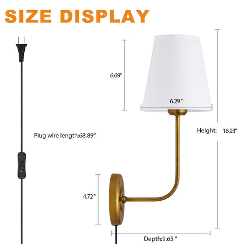 Two Pack Plug In Wall Sconces Antique Brass Vintage Industrial Style with Flared White Fabric Shade size dimensions shown