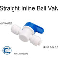 Front view: straight inline ball valve, white plastic body with blue lever, 1/4 in tube OD quick-connect fittings