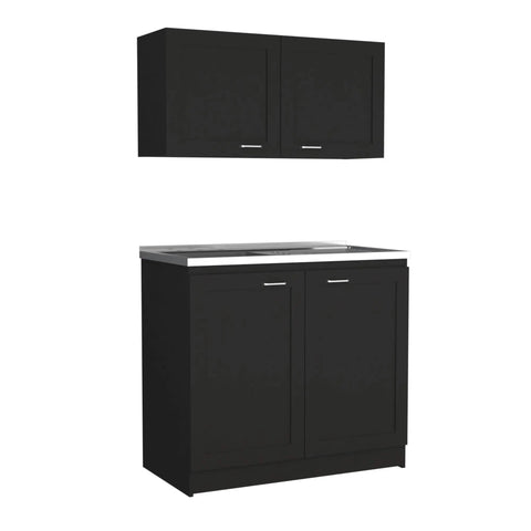 Modern Two Piece Storage Cabinet Rustic Style Cupboard Crafted From Heavy Duty Engineered Wood For Kitchen Hallway Or Closet Organization Keeps Your Gear Tidy Super Slick Black Finish.