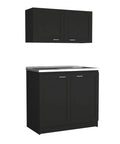 Modern Two Piece Storage Cabinet Rustic Style Cupboard Crafted From Heavy Duty Engineered Wood For Kitchen Hallway Or Closet Organization Keeps Your Gear Tidy Super Slick Black Finish, 39x20 inches.