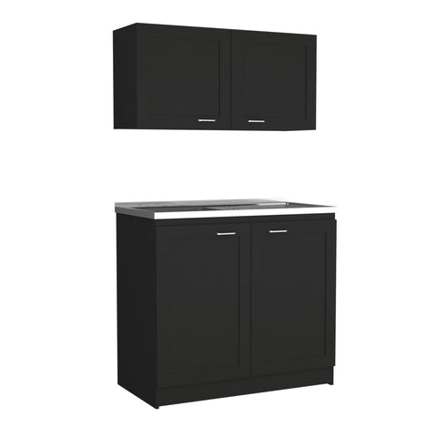 Modern Black Storage Cabinet Two Piece Set Engineered Wood Rustic Cupboard For Kitchen Hallway Closet Durable Furniture With Legit Solid Build And Straight Fire Home Decor Vibe, featuring upper and lower cabinets.