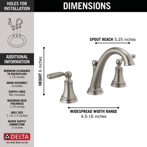 Woodhurst Brushed Nickel 8 Inch Widespread Bathroom Sink Faucet with 3 hole mount showing spout and handle dimensions