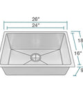 Diagram of Undermount Stainless Steel Sink 26 Inch Single Bowl Brushed Satin, 16-Gauge 304-Grade, Quiet Kitchen Workhorse with measurements.