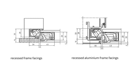 Technical diagram of 3D Heavy Duty Concealed Hinge Silver Finish for cabinets with measurements for recessed and aluminium frames.