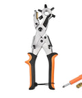 Heavy Duty Leather Hole Punch Tool 3 In 1 with rotating punch head, 6 hole sizes, and orange grip handles for DIY projects.