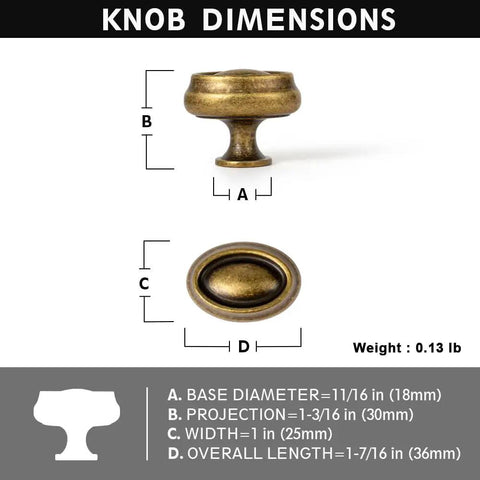 Antique Brass Double Ring Oval Cabinet Knobs Set Of 12 dimensions diagram with weights and sizes listed for DIY projects.
