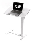 Adjustable Bedside Table With Pneumatic Lift And Hidden Wheels Portable Space Saving Mobile Standing Desk For Bed Or Couch Computer Workstation Cart For Home Office And Living Space White with laptop on top