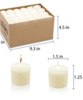 Box and dimensions of Eight-Hour Smokeless Dripless Ivory Votive Candles Bulk Pack of 72 Sticks, 1.25 Inch, Odorless and Clean Burn
