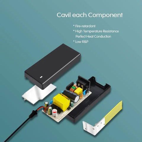 Interior components of Rock Solid 12V 5A 60W AC to DC Power Supply Adapter for LED Strips, showing circuit board and casing.