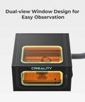 Front view of Creality Laser Engraver Enclosure 2.0, black enclosure with dual viewing windows and exhaust hose.