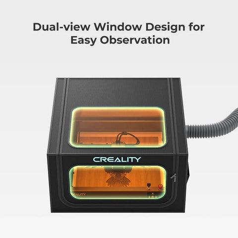 Front view of Creality laser engraver protective enclosure, 720×720×400 mm, orange-tinted dual-view windows with exhaust hose