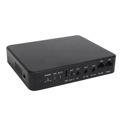 Heavy Duty Mini Ups Battery Backup Delivering Major Peace Of Mind With A Steady 10400mah Reserve And Six Amp Ports side view showing inputs and outputs.
