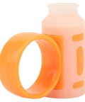 Pro Drumstick Holder Grip Clamp Anti-Slip Rotating Aid For Musicians To Stop Blisters Calluses And Cramps During Jam Sessions shown in orange and pink silicone materials.