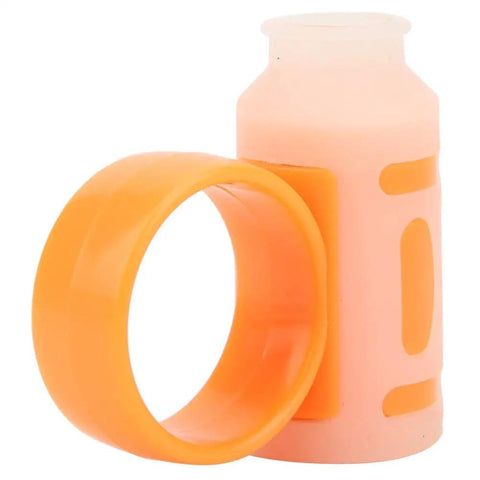 Pro Drumstick Holder Grip Clamp Anti-Slip Rotating Aid For Musicians To Stop Blisters Calluses And Cramps During Jam Sessions shown in orange and pink silicone materials.
