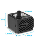 Ultra Quiet Submersible Water Pump 50 GPH 3W Mini Fountain Pump with flow control, black, 1.5 x 1.5 x 1.1 inch dimensions.