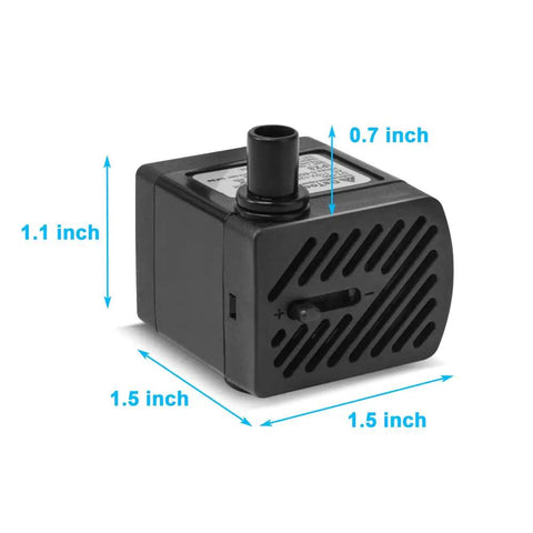Ultra Quiet Submersible Water Pump 50 GPH 3W Mini Fountain Pump with flow control, black, 1.5 x 1.5 x 1.1 inch dimensions.