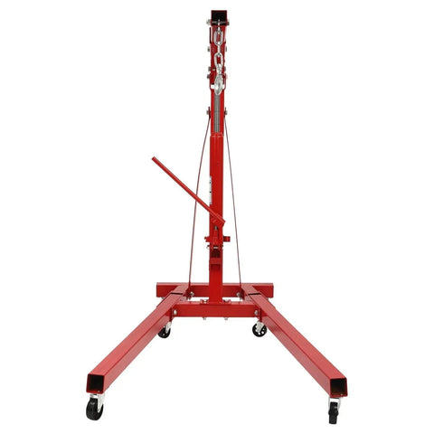 Heavy Duty Two Ton Hydraulic Engine Hoist Crane With Telescopic Boom Foldable Design, red steel frame, front view.