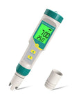 7 In 1 Digital Water Tester for drinking water, wine, pools, with backlit LCD showing pH and temp readings, cap removed