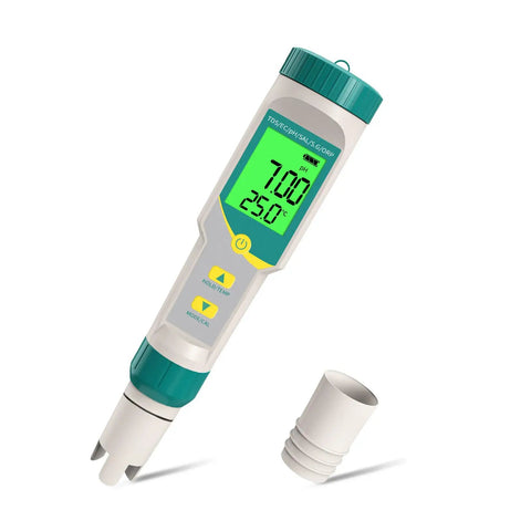 7 In 1 Digital Water Tester for drinking water, wine, pools, with backlit LCD showing pH and temp readings, cap removed