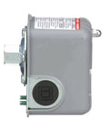 Side view of Air Pump Pressure Switch For Water Pumps With A 30 To 50 Psi Setting 20 To 65 Psi Cutout And Adjustable 15 To 30 Psi Differential Supports One And A Half HP Or Smaller Pumps, gray casing, metal fittings.