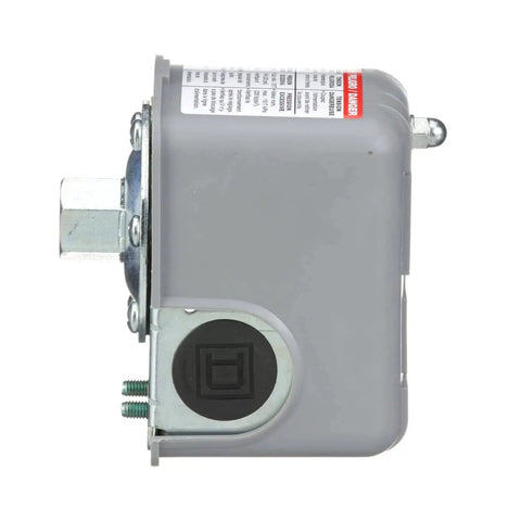 Side view of Air Pump Pressure Switch For Water Pumps With A 30 To 50 Psi Setting 20 To 65 Psi Cutout And Adjustable 15 To 30 Psi Differential Supports One And A Half HP Or Smaller Pumps, gray casing, metal fittings.