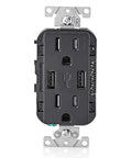 Front view of Type A USB In Wall Charger with 15A Tamper Resistant Outlet, Dual USB Ports Deliver 3.6A Smart Charging, Black Finish