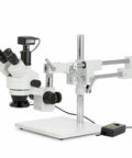 Trinocular Zoom Microscope With 3.5X To 180X Magnification, 144 LED Ring Light, 18MP USB 3.0 Camera, A Real Workhorse Stereo Microscope For Biology, Electronics, QC, And Detailed Inspections. White metal stereo microscope on stand with camera and control box