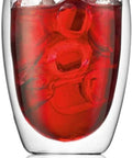 Set Of Six Double Wall Insulated Glass Tumblers Twelve Ounce Capacity Heat Resistant Borosilicate Construction Clear Look with iced red drink.