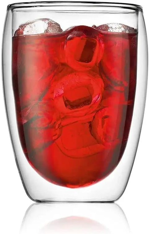Set Of Six Double Wall Insulated Glass Tumblers Twelve Ounce Capacity Heat Resistant Borosilicate Construction Clear Look with iced red drink.