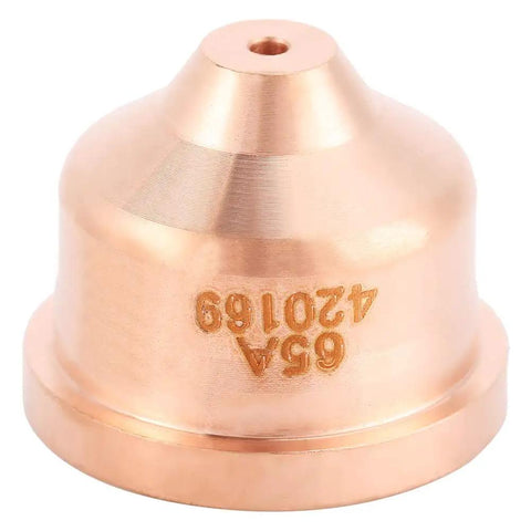 Jiawu Plasma Cutter Nozzle Premium Copper Torch Tip 5 Pcs Consumables For Carbon Steel Stainless Aluminum Copper Cutting Stable Arc Performance Long Life, close-up of copper torch tip.