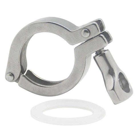 Front view of stainless steel 1.5-inch tri-clamp with wing-nut and silicone gasket