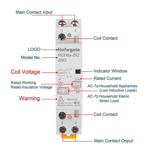 Front view of 12V DC Contactor 25A 2 Pole With 2 NO Contacts DIN Rail Mount, featuring coil voltage and main contact details.