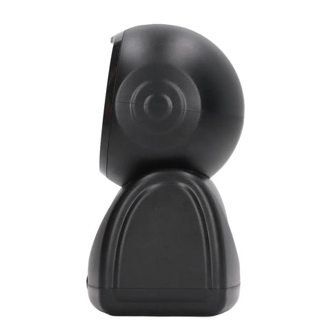 Side view of black Desktop USB Barcode Scanner with Omnidirectional Reader and Auto Sensing for Fast Checkout in Supermarkets and Bookstores
