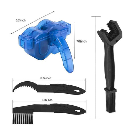 Bike Chain Cleaner Kit 4 Piece Set For Quick Clean And Deep Scrub Gear Brush Included Built Tough For Mountain Bikes And All Bicycle Chains with blue chain cleaner and black brushes, dimensions included
