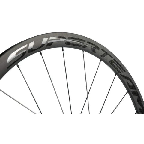 Rad Carbon Road Wheelset 700c Clincher Ride Ready 38mm Deep 23mm Wide, close-up of rim profile, Toray T700 Matte 3K Finish