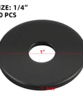 Angled top view of black stainless flat washer, 1 in outer diameter, 1/4 in hole; 50 pcs.