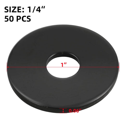 Angled top view of black stainless flat washer, 1 in outer diameter, 1/4 in hole; 50 pcs.