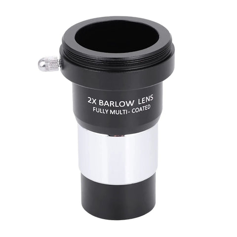 Close-up of 2x Barlow lens from 1.25 Inch Plossl Telescope Eyepiece Set With 10mm And 25mm Plossl Eyepieces And 2x Barlow Lens All Metal Body.