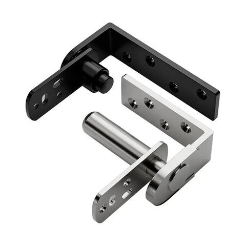 Hella Robust Stainless Steel Pivot Hinges For Heavy Duty Rotation Doors With Adjustable Up Down Positioning Sleek Hidden Design Pro Grade Furniture Hardware Catches 80X50Mm, showing black and stainless steel components.
