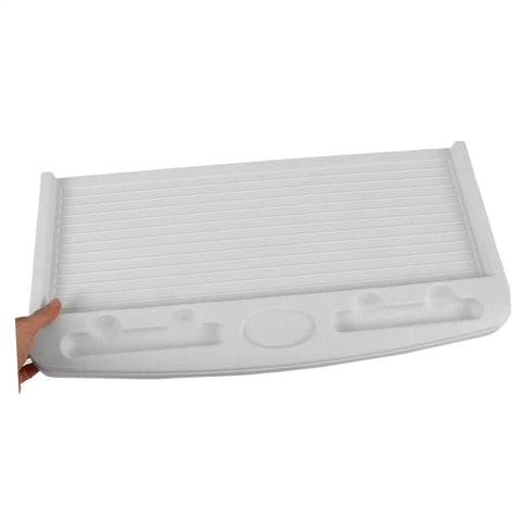 Heavy Duty Sliding Keyboard Tray Smooth Glide Under Desk Mount shown in hand, sturdy ABS plastic, designed for home office setups.