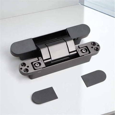 Beefy Hidden Hydraulic Hinge Buffer Delivering Smooth As Silk Automatic Closing Featuring Cross Hinge And Three Dimensional Spring Action Rock Solid Zinc Alloy Badass Build Sleek White Finish Handles An Epic 80 Kg Load Zero Drama Install 3 Pack in black showing components.